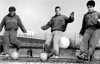  ??  ?? In campo Nella foto tre attaccanti storici della Juventus; da sinistra il piemontese Giampiero Boniperti (1928), il gallese John Charles (1931-2004) e l’ italoargen­tino Omar Enrique Sivori (1935-2005)