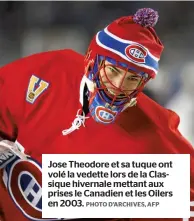  ??  ?? Jose Theodore et sa tuque ont volé la vedette lors de la Classique hivernale mettant aux prises le Canadien et les Oilers en 2003. PHOTO D’ARCHIVES, AFP