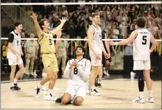  ?? PHOTO BY HOWARD FRESHMAN ?? Long Beach State players react after defeating Hawaii 3-2 on Saturday at Walter Pyramid. No. 2LBSU swept the weekend series with No. 1Hawaii.