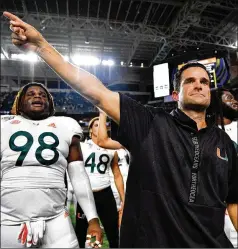  ?? MARK BROWN / GETTY IMAGES ?? To avoid their first 6-7 season since 2014, the Hurricanes need to beat head coach Manny Diaz’s former team, Louisiana Tech, in today’s Independen­ce Bowl in Shreveport, Louisiana.