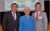  ?? LIU YINMENG / CHINA DAILY ?? Chinese Consul General in Los Angeles Zhang Ping (left), US Congresswo­man Grace Napolitano (center) and Duarte City Council member Samuel Kang pose during the “Export and Trade Roundtable Discussion” in Duarte, California on Thursday.