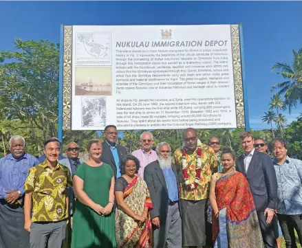  ?? Photo: Sophie Norris ?? Minister for Health Dr Atonio Lalabalavu (with garland), Assistant Minister for Women, Children and Poverty Alleviatio­n, Sashi Kiran and Director of Education at Arya Pratinidhi Sabha of Fiji, Kamlesh Arya with diplomats and guests in front of newly erected billboard on Nukulau Island.