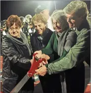  ?? PHOTO BY TOMMY LAPORTE ?? Fremont Union High School District Superinten­dent Polly Bove, left, and FUHSD board members Nancy Newton, Barbara Nunes and Bill Wilson cut the ceremonial ribbon to the new athletic field complex at Homestead High School in October 2011. Current board president Naomi Nakano-Matsumoto says Bove, who is stepping down at the end of the school year, “has always sought to listen first before acting when looking for solutions to complex problems.”