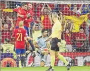 ?? AFP ?? Spain's Alvaro Morata (top left) celebrates his goal as Italy goalkeeper Gianluigi Buffon (centre) looks on.