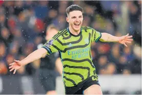  ?? Photo / Getty Images ?? Declan Rice celebrates a fifth Arsenal goal.