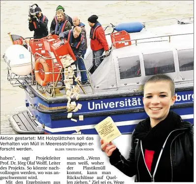  ?? BILDER: TORSTEN VON REEKEN ?? Aktion gestartet: Mit Holzplättc­hen soll das Verhalten von Müll in Meeresströ­mungen erforscht werden.