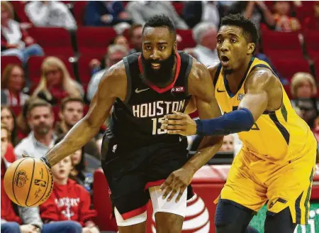  ?? Karen Warren / Staff photograph­er ?? Two of the NBA’s top-scoring guards — the Rockets’ James Harden, left, and Utah’s Donovan Mitchell — will go at it in the first round.