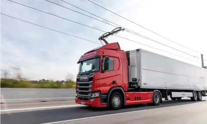  ??  ?? Siemens and Scania have already tested their e-highway systems in Germany, Sweden and the US. Photograph: Siemens