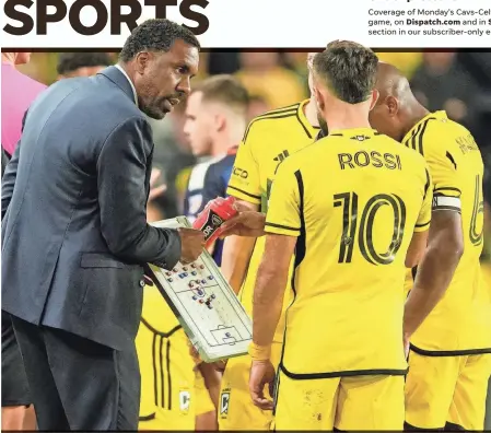  ?? ADAM CAIRNS/COLUMBUS DISPATCH, ILLUSTRATI­ON BY MARC JENKINS/USA TODAY NETWORK ?? Wilfried Nancy talks to Diego Rossi during Saturday's loss to FC Cincinnati.