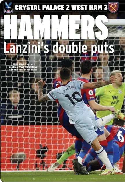  ?? ?? TAKE TWO: Lanzini doubles West Ham’s lead with the first of his brace