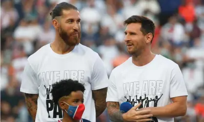  ?? Photograph: JE E/SIPA/Shuttersto­ck ?? Javier Tebas, a longtime critic of PSG and Manchester City, called the Paris team ‘a league oflegends’ after they signed Sergio Ramos (left) and Lionel Messi (right).