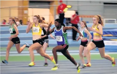  ??  ?? ●●Rebecca Roach and Rebecca Leather (U15) in the second heat of the 60m at the SYCAA Indoor Combined Events Grand Prix, Sheffield