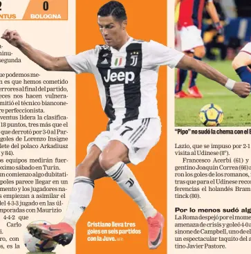  ?? AFP. ?? Cristiano lleva tres goles en seis partidos con la Juve.