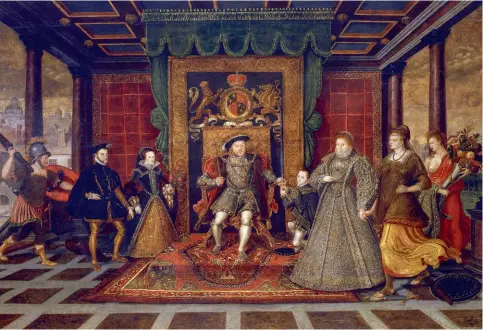  ??  ?? Une allégorie de la dynastie des Tudor (1572), de Lucas d’Heere. Peint sous le règne d’Élisabeth Ire ce portrait de famille, où Henri VIII son père, trône entre la Guerre et l’Abondance (aux extrêmes) est censé appuyer sa légitimité.