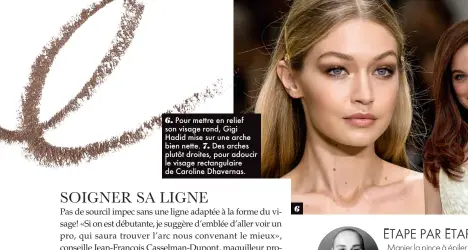  ??  ?? 6. Pour mettre en relief son visage rond, Gigi Hadid mise sur une arche bien nette. 7. Des arches plutôt droites, pour adoucir le visage rectangula­ire de Caroline Dhavernas. 6