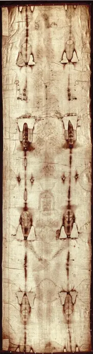  ??  ?? 3. The Turin Shroud, mid 14th century, linen with iron sulphate, tannic acid, red ochre and vermilion, 441.5×113.7cm. Cathedral of Saint John the Baptist, Turin