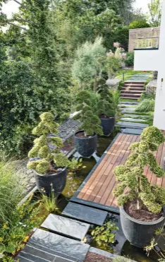  ??  ?? Située dans la partie basse du jardin, le long d’un mur d’eau offert par la piscine, cette allée plantée de fougères arbustives, de buis et de graminées est un véritable paradis de fraîcheur. Elle conduit à une petite terrasse cernée d’eau sur laquelle ouvre la suite parentale.