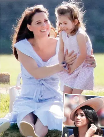  ??  ?? Informal: The Duchess of Cambridge and Princess Charlotte at the Beaufort Polo Club, and inset, Meghan at Trooping the Colour
