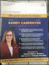  ??  ?? This is a copy of the hit mailer sent out by the Antelope Valley Parents and Teachers for Better Education and Jobs, which does not have a Fair Political Practices Commission ID number.