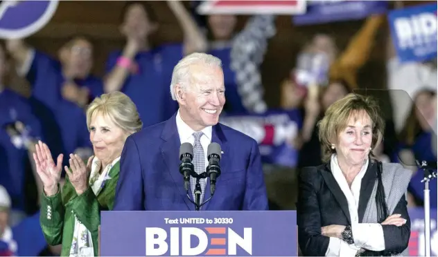  ?? Agence France-presse ?? ↑
Joe Biden attends a Super Tuesday event at Baldwin Hills Recreation Center in Los Angeles, California.