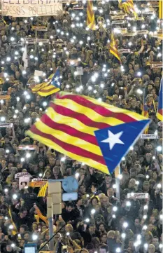  ?? EMILIO MORENATTI/AP PHOTO ?? Demonstrat­ors gather during a protest calling for the release of Catalan jailed politician­s, in Barcelona, Spain, on Saturday.