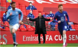  ?? Photograph: Ben Stansall/PA ?? Pep Guardiola shows his frustratio­n as Manchester City slump to defeat by Chelsea in Saturday’s FA Cup semi-final.