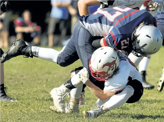  ?? CLIFFORD SKARSTEDT/EXAMINER ?? Thomas A. Stewart Griffins' Kyle Milburn is stopped in his tracks against Crestwood Mustangs' Blake Delgarno in a game to decide first place in the Kawartha senior boys high school football league at Crestwood Secondary School on Friday. TASSS shocked...