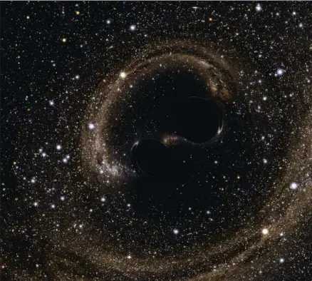  ?? HANDOUT / REUTERS ?? Imagen virtual de dos agujeros negros a punto de unirse y emitir ondas gravitacio­nales
