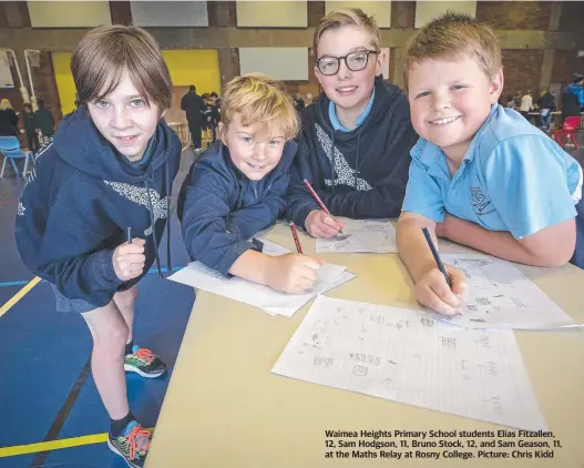  ??  ?? Waimea Heights Primary School students Elias Fitzallen, 12, Sam Hodgson, 11, Bruno Stock, 12, and Sam Geason, 11, at the Maths Relay at Rosny College. Picture: Chris Kidd