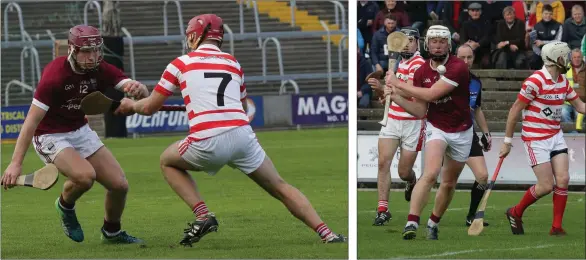  ??  ?? Jake Firman of St. Martin’s trying to dodge the challenge of Ciarán Roberts (Ferns St. Aidan’s). Aaron Maddock striking downfield for St. Martin’s.