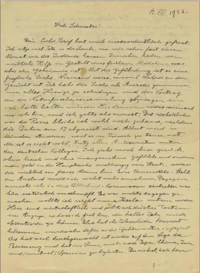  ?? Kedem Auction House photo via AP ?? This photo released by the Kedem Auction House shows a copy of a 1922 letter Albert Einstein wrote to his beloved younger sister, Maja. The previously unknown letter, brought forward by an anonymous collector, is set to go on auction next week in Jerusalem with an opening asking price of $12,000. In the handwritte­n letter, Einstein expressed fears of anti-Semitism long before Nazis’ rise.