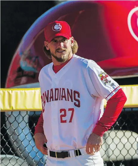  ?? GERRY KAHRMANN/PNG FILES ?? Vancouver Canadians pitcher Bobby Eveld, 25, seen walking to the bullpen before Wednesday’s game with the Everett AquaSox at Nat Bailey Stadium, is one of the league’s oldest players.
