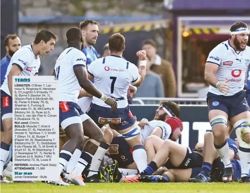  ?? ?? Sheer delight: Bulls players celebrate the award of a penalty try in their impressive victory over Leinster at the RDS