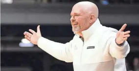  ?? GRACE HOLLARS/INDYSTAR ?? Indiana State head coach Josh Schertz reacts to a call from a referee on Thursday during the NIT championsh­ip game at Hinkle Fieldhouse. Seton Hall defeated Indiana State 79-77.