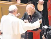  ??  ?? Shamed: Theodore McCarrick meets Pope Francis in 2015, before his downfall