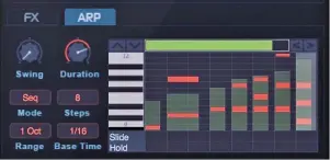  ??  ?? Here’s the Arpeggiato­r in Sequence mode, where four-voice patterns are recorded or drawn