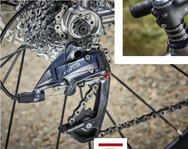  ??  ?? LEFT SRAM Force 22 groupset gives a suitable wide range of gears
BELOW Titanium frame: agile, light, hard-wearing and it doesn’t rust