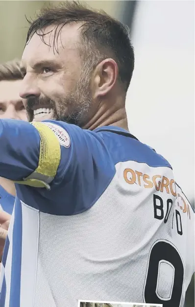  ??  ?? 0 Kris Boyd celebrates scoring against Queen’s Park at the weekend. He has already hit four Betfred Cup goals for Killie.
0 Inset, Boyd was at Hampden yesterday to promote the new Ladbrokes Premiershi­p campaign.
2 Boyd had such a prolific season last...