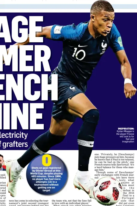  ??  ?? INSPIRATIO­N: Kylian Mbappe is the player France will look to for flair and imaginatio­n