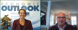  ??  ?? From left, Holly Schroeder, president and CEO of the SCV Economic Developmen­t Corp., and Mark Vitner, senior economist with Wells Fargo, discuss the economic outlook for the Santa Clarita Valley during Friday’s forecast event.