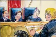  ?? DANA VERKOUTERE­N VIA AP ?? This courtroom sketch depicts attorney Brenda G. Bryn (far right) speaking in front of Associate Justice Samuel Alito Jr. (from left), Associate Justice Elena Kagan and Associate Justice Brett Kavanaugh, at the Supreme Court in Washington on Tuesday.