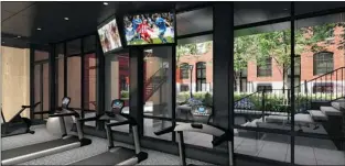  ??  ?? An artist’s rendering of the gym in 400 Dowd — one of the common areas that overlooks a courtyard garden (see rendering below) available to all the condo’s residents.