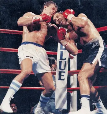  ?? EDMONTON JOURNAL/FILE ?? Ken Lakusta, right, launched a pro fight career after being one of the original winners of the “So You Think You’re Tough” contest in Edmonton in 1979. He went on to become a two-time heavyweigh­t champ. He lost the title in 1986 to Olympic silver...