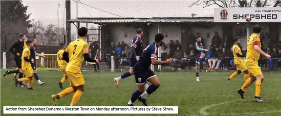  ?? ?? Action from Shepshed Dynamo v Ilkeston Town on Monday afternoon. Pictures by Steve Straw.