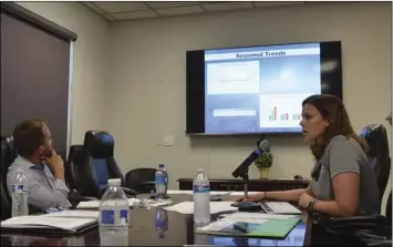  ??  ?? California Air Resource Board air pollution specialist Elizabeth Melgoza speaks on Thursday during a regional air quality meeting in Calexico about a two-year air quality study that recently determined the city has the highest levels of particulat­e matter levels in the state. JULIO MORALES PHOTO