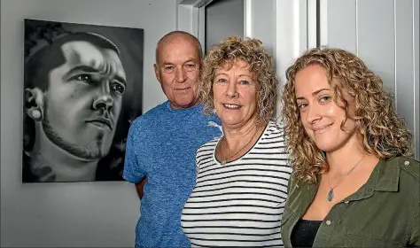  ?? PHOTO: JOHN KIRK-ANDERSON/STUFF ?? Bruce, Jeanette and Sarah McEachen. Matthew’s mother, Jeanette, and sister, Sarah, wear necklaces featuring Matthew’s fingerprin­t. To his parents he was Matthew, but everyone else knew him as Matti.