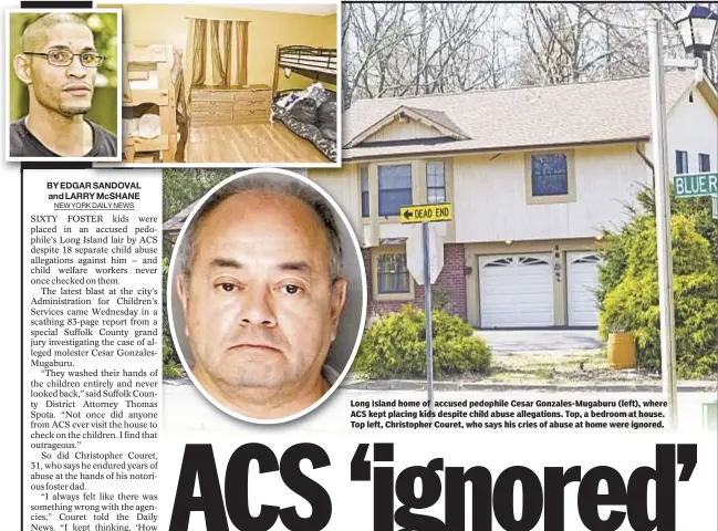  ??  ?? Long Island home of accused pedophile Cesar Gonzales-Mugaburu (left), where ACS kept placing kids despite child abuse allegation­s. Top, a bedroom at house. Top left, Christophe­r Couret, who says his cries of abuse at home were ignored.