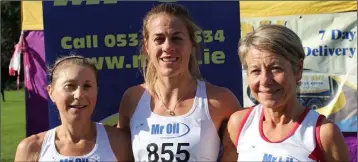  ??  ?? The top three in the county ladies’ Senior cross-country (from left): Jackie Carthy (Kilmore, third), Fiona Kehoe (Kilmore, first), Ann Sullivan (D.M.P., third).