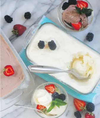  ??  ?? These no-churn vanilla and chocolate ice creams are delicious topped with local berries.