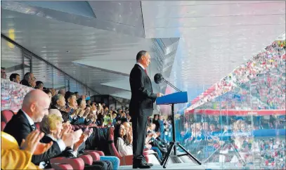  ?? Alexei Druzhinin, Sputnik, Kremlin ?? The Associated Press President Vladimir Putin addresses fans before Russia plays Saudi Arabia to open the World Cup at Luzhniki Stadium in Moscow.